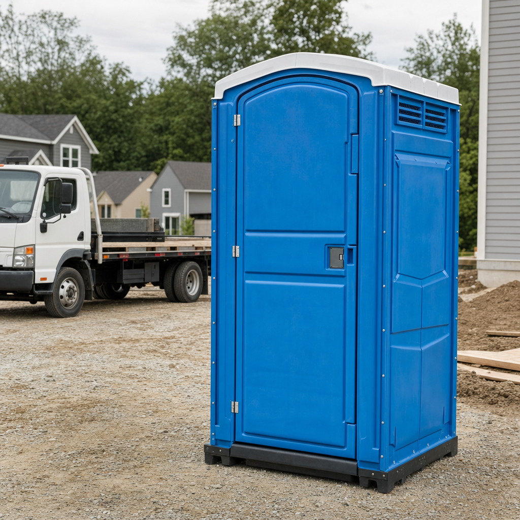 Delivery driver positioning a clean royal-blue portable toilet on level ground at a Sterling Heights worksite