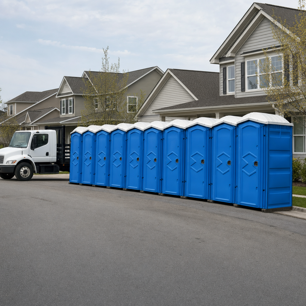 Royal blue portable toilets staged in a tidy row at a Sterling Heights jobsite, ready for delivery